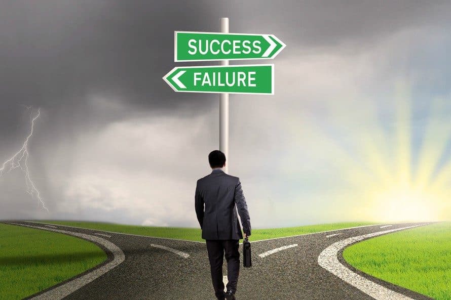 Bărbat în costum la o răscruce, sub indicatoarele „Success” și „Failure”