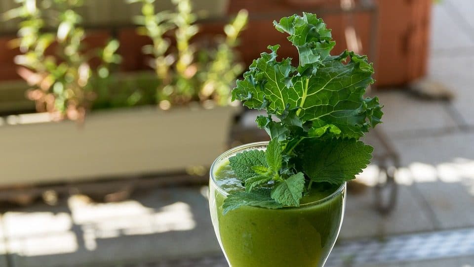 Pahar cu smoothie verde, decorat cu frunze de kale și mentă