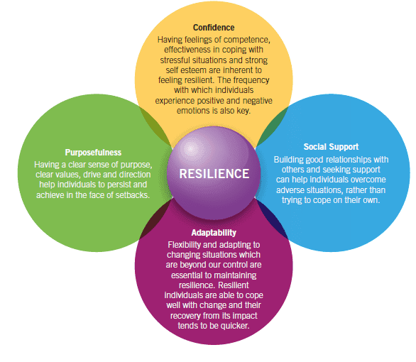 Diagramă în patru petale colorate în jurul cuvântului „RESILIENCE"