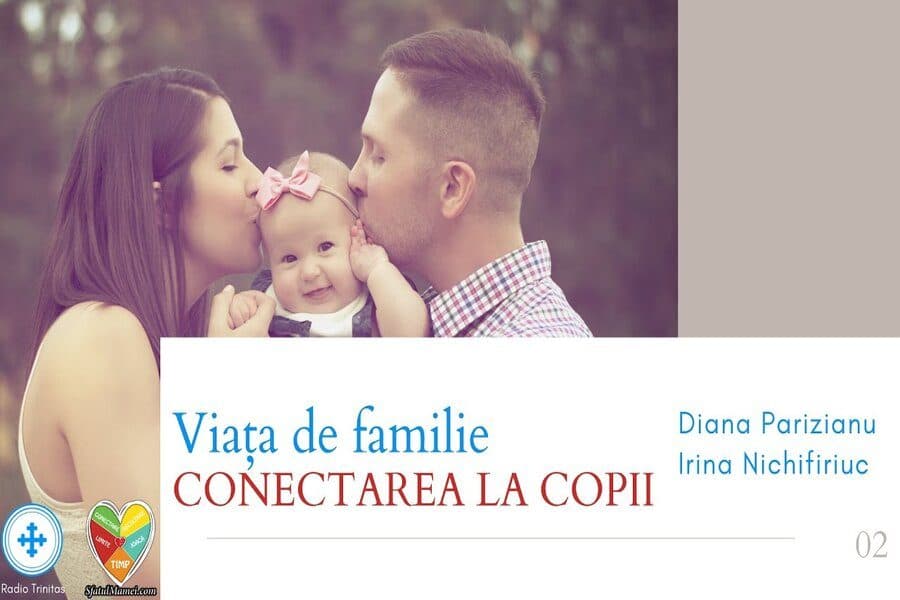 Slide cu părinți sărutând un bebeluș și textul „Viața de familie. Conectarea la copii”, de Diana Parizianu și Irina Nichifiriuc