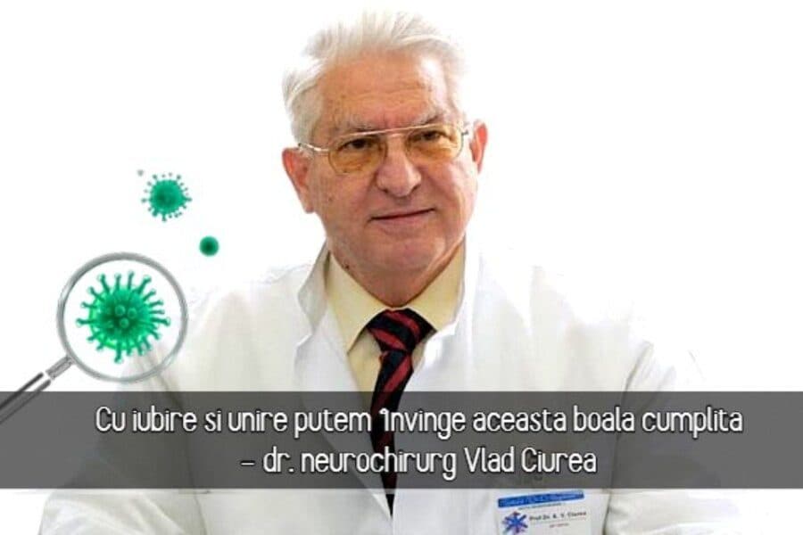 Medic în halat alb și textul „Cu iubire și unire putem învinge această boală cumplită”