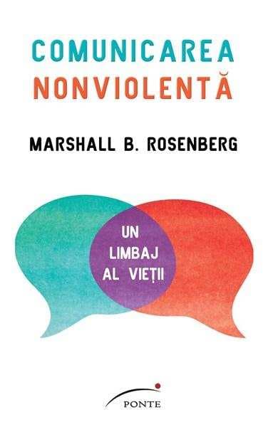Copertă de carte „Comunicarea nonviolentă” de Marshall B. Rosenberg, cu două bule de dialog