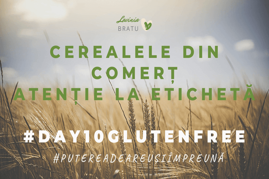 Câmp de grâu cu textul „Cerealele din comerț atenție la etichetă”