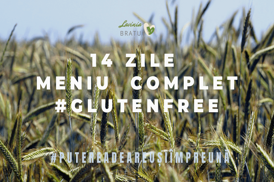 Card pe lan de grâu cu textul „14 zile meniu complet #glutenfree”