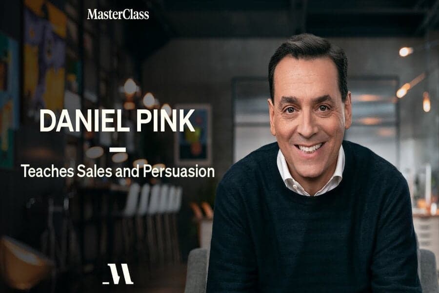 Afiș MasterClass cu textul „Daniel Pink Teaches Sales and Persuasion”