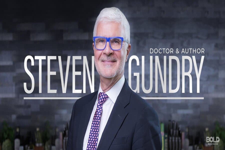 Bărbat cu ochelari albaștri, textul „Doctor & author” și numele „Steven Gundry”