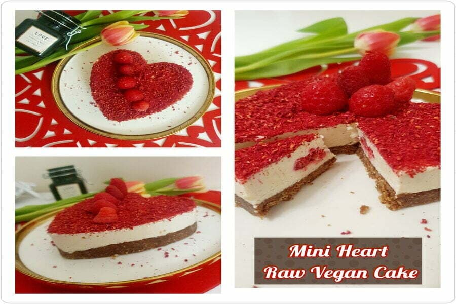 Colaj cu un tort inimă cu zmeură și textul „Mini Heart Raw Vegan Cake”