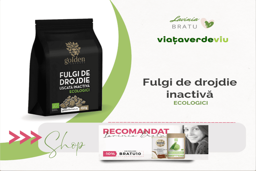 Pungă neagră cu fulgi de drojdie și textul „Fulgi de drojdie inactivă”