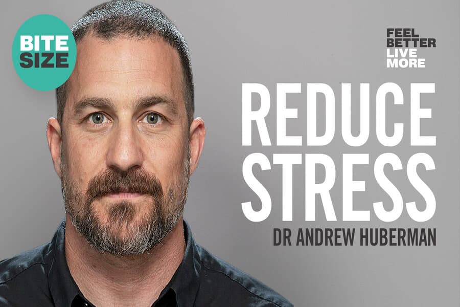 Copertă de podcast cu titlul „Reduce stress” și numele Dr Andrew Huberman