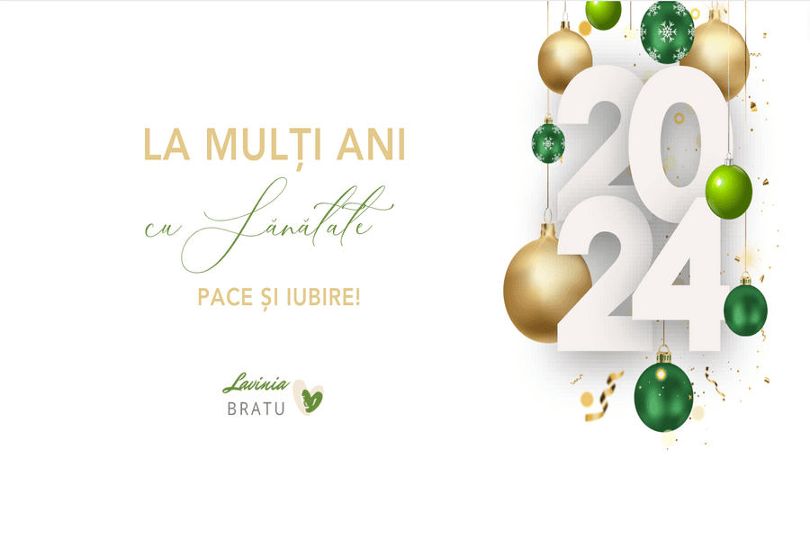 Felicitare cu globuri aurii și verzi și textul „La mulți ani cu sănătate, pace și iubire!”