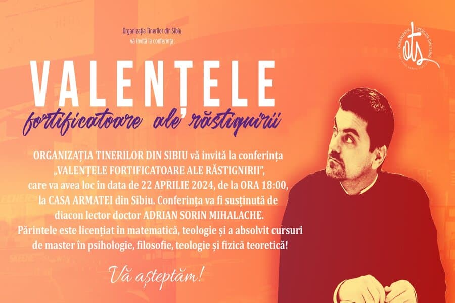 Afiș portocaliu cu textul „Valențele fortificatoare ale răstignirii”