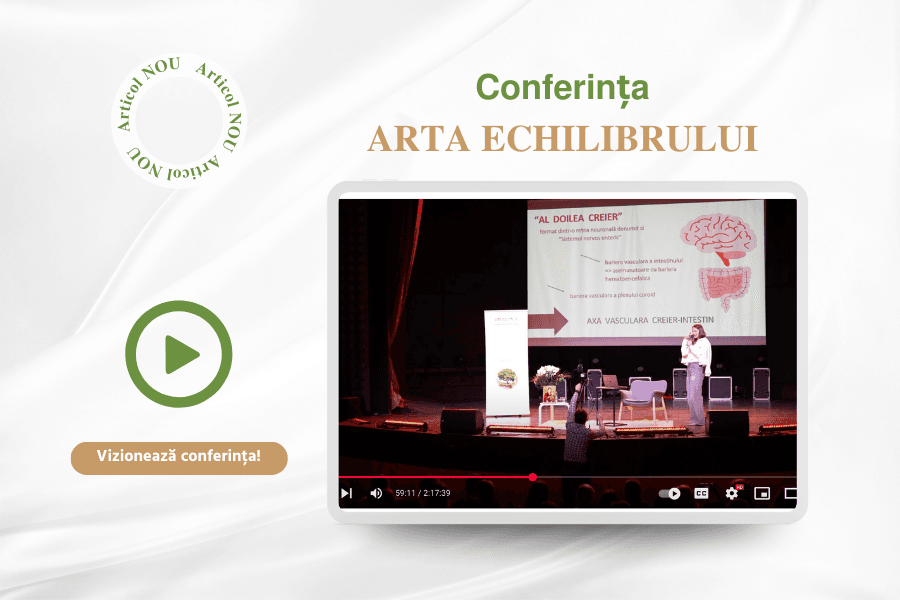 Captură video de pe scenă, cu titlul „Conferința ARTA ECHILIBRULUI”