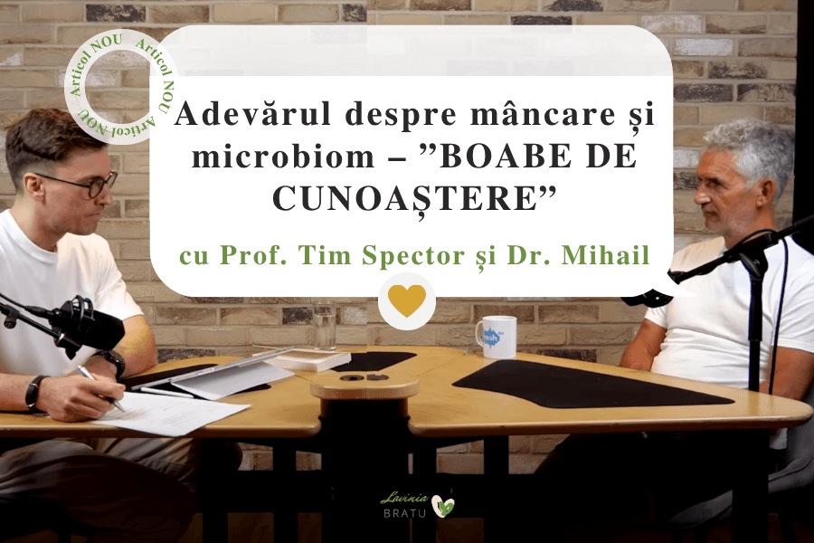Doi bărbați la microfoane de podcast, cu textul „Adevărul despre mâncare și microbiom”