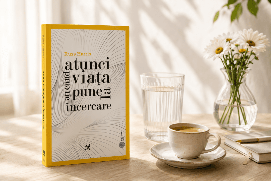 Carte pe masă lângă o cafea, „Atunci când viața pune la încercare” de Russ Harris