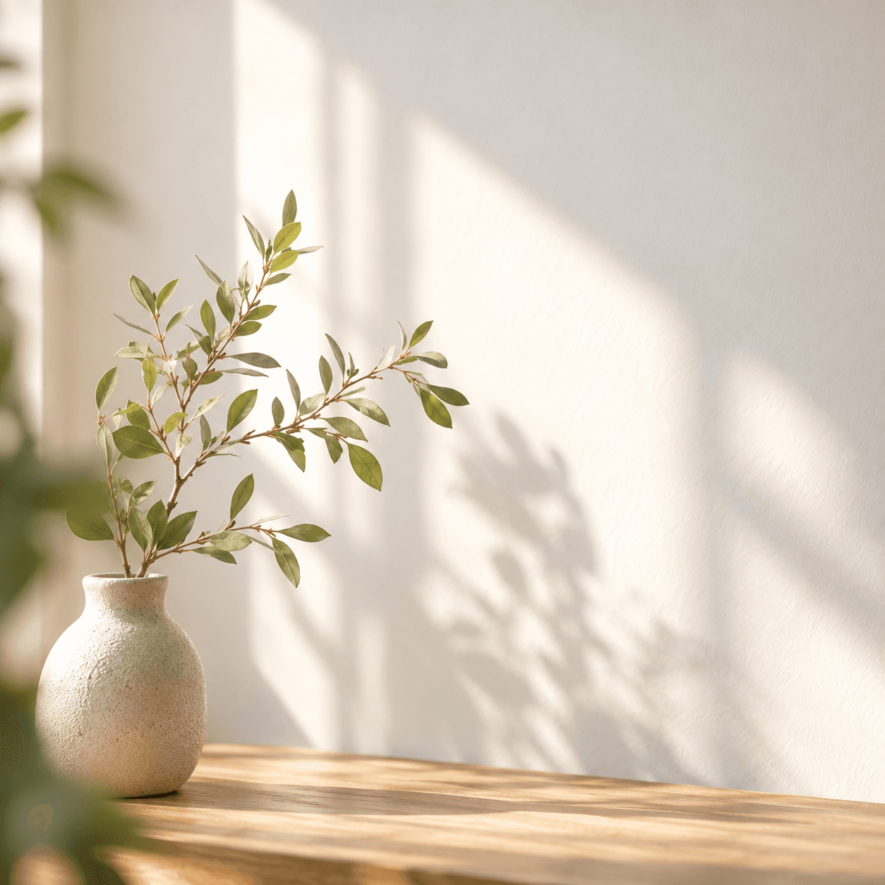 Ramură verde într-o vază de ceramică, pe o masă de lemn, în lumina dimineții