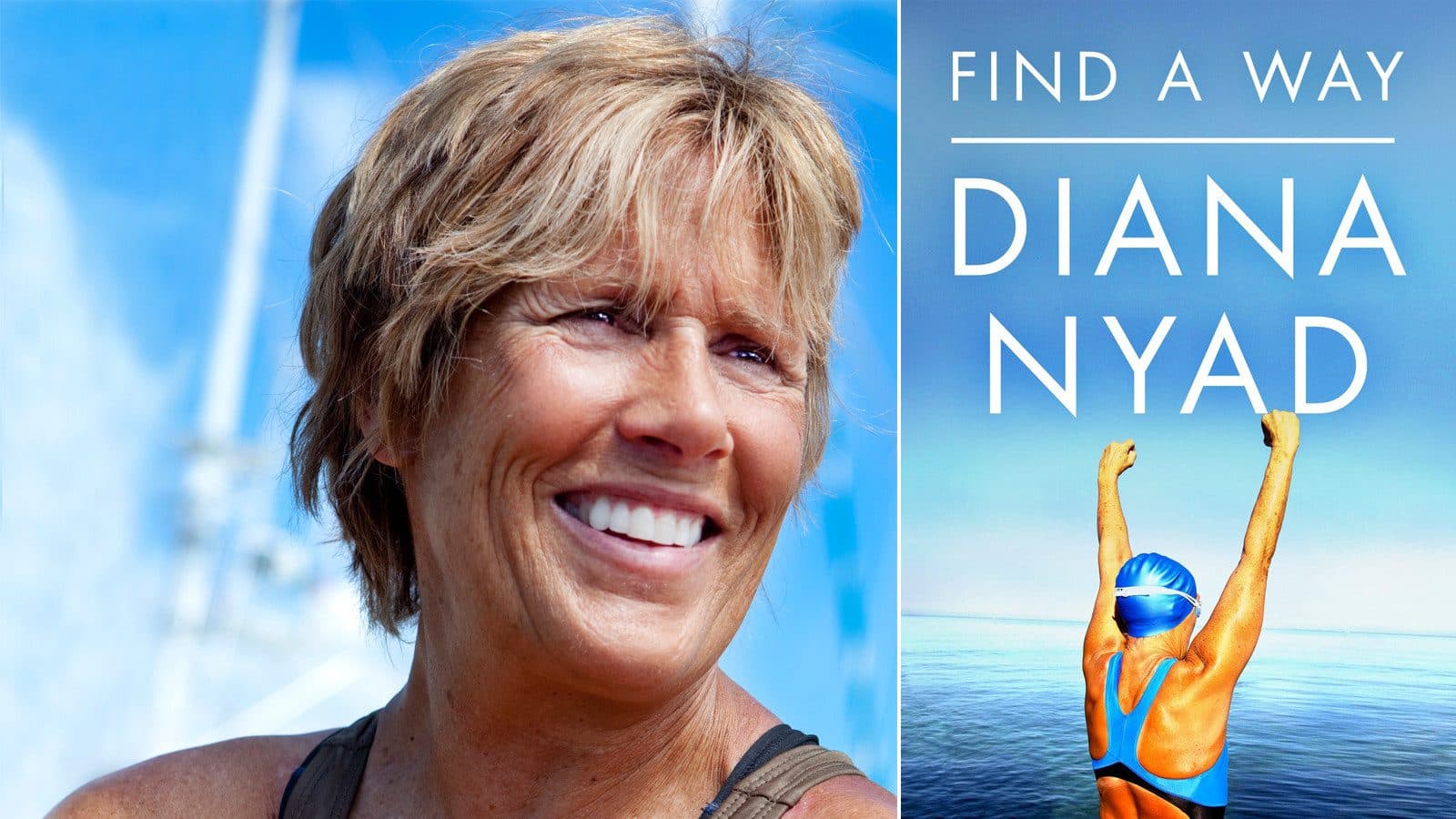 Portretul unei femei alături de coperta „Find a Way” de Diana Nyad