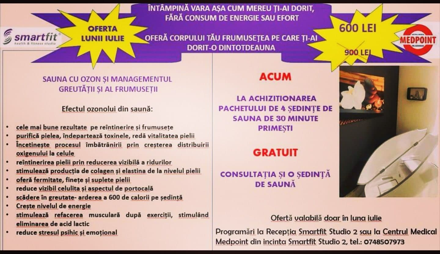 Afiș cu „Oferta lunii iulie” pentru saună cu ozon, la 600 lei