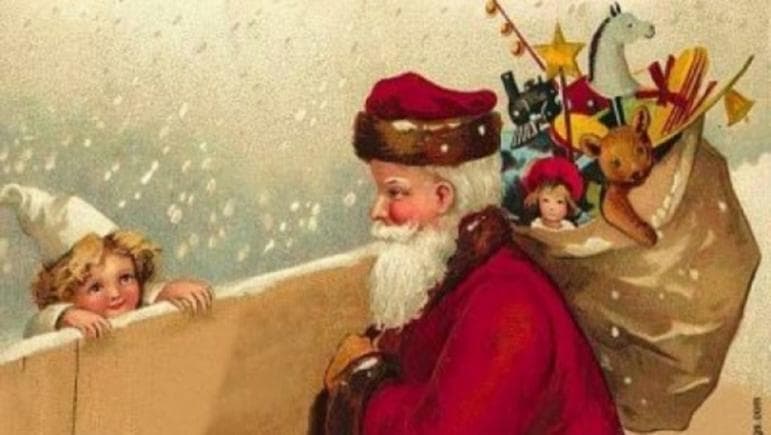 Ilustrație de epocă: Moș Crăciun cu sacul plin de jucării, privit de un copil