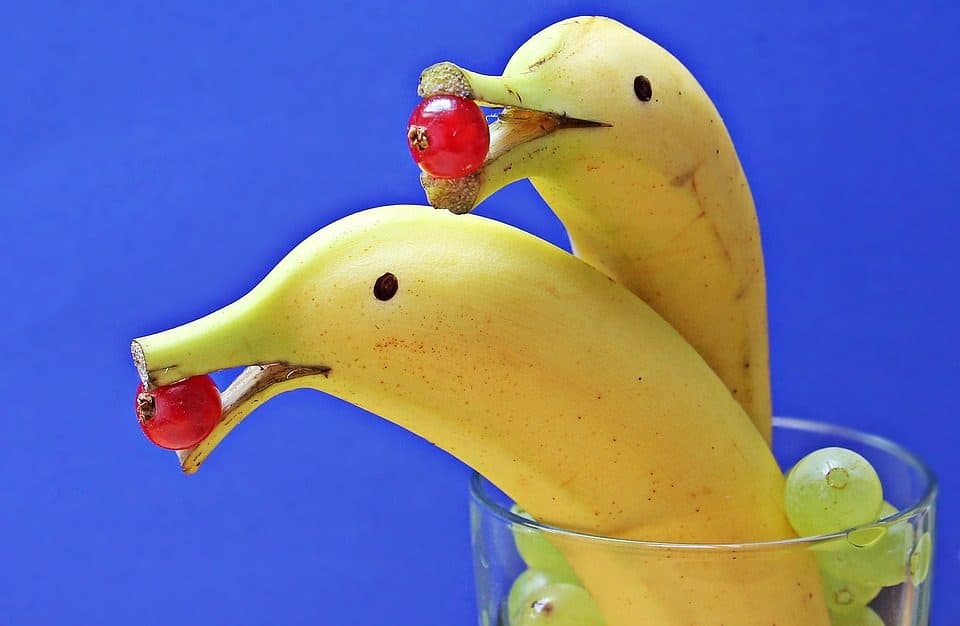 Două banane aranjate ca niște delfini, cu boabe roșii, pe fundal albastru