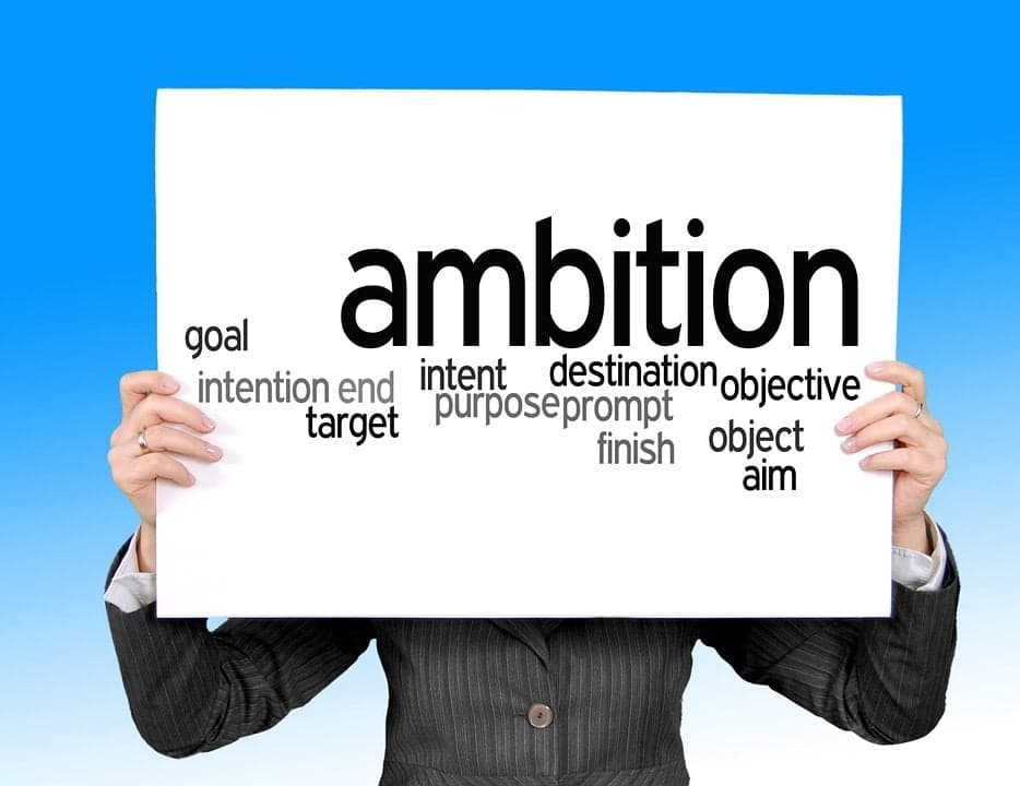 Persoană ținând în dreptul feței un panou cu cuvântul „ambition”