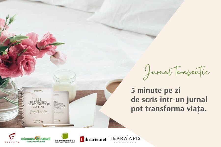 Afiș „Jurnal terapeutic”: „5 minute pe zi de scris într-un jurnal pot transforma viața”