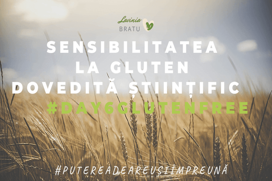 Câmp de grâu cu textul „Sensibilitatea la gluten dovedită științific”