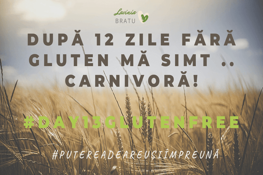 Câmp de grâu cu textul „După 12 zile fără gluten mă simt .. carnivoră!”
