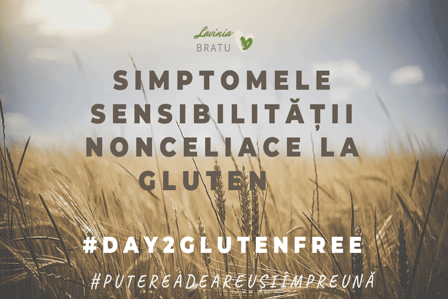 Câmp de grâu cu textul „Simptomele sensibilității nonceliace la gluten”