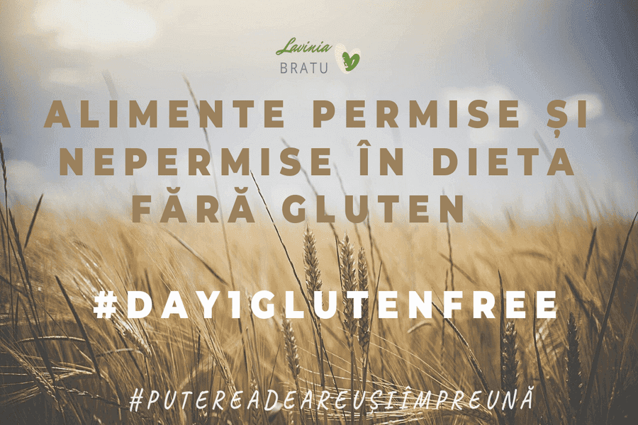 Câmp de grâu cu textul „Alimente permise și nepermise în dieta fără gluten”
