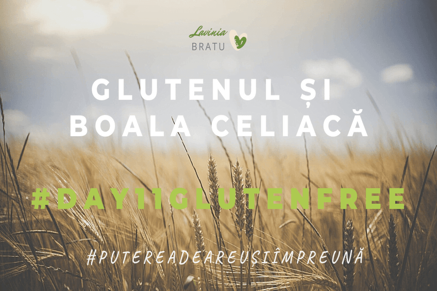 Câmp de grâu cu textul „Glutenul și boala celiacă”
