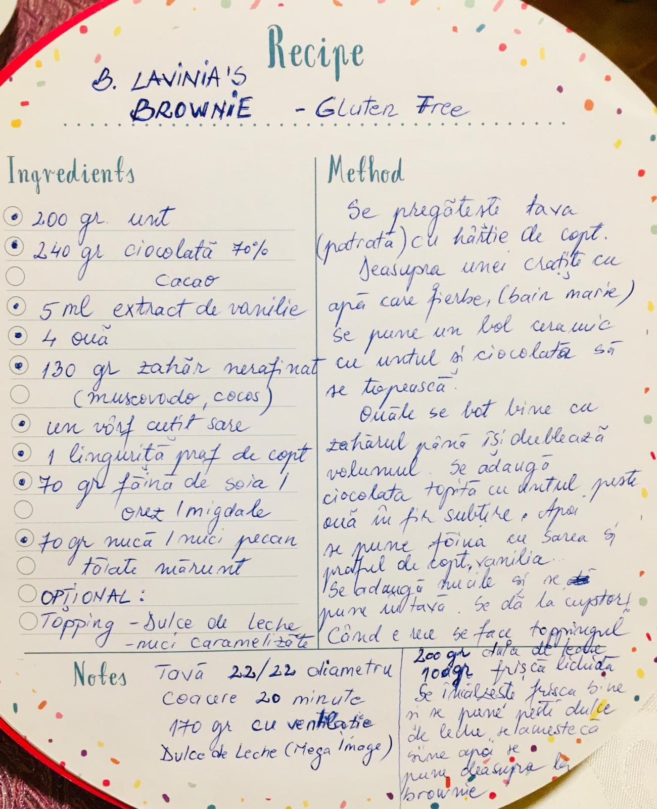 Fișă de rețetă scrisă de mână, „B. Lavinia's Brownie - Gluten Free”