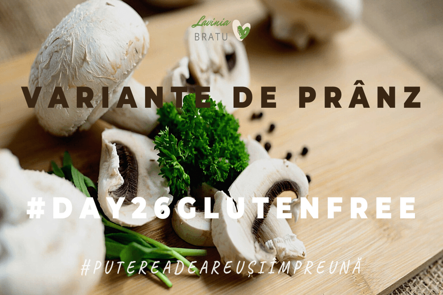 Card cu ciuperci și pătrunjel, textul „Variante de prânz”, #day26glutenfree