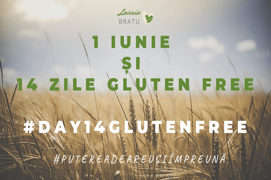 Câmp de grâu cu textul „1 iunie și 14 zile gluten free”