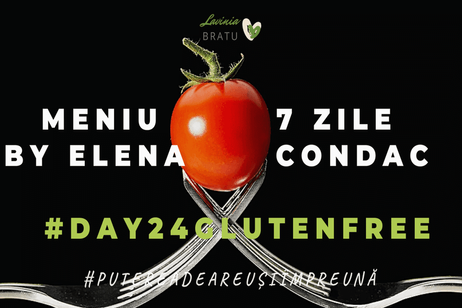 Card cu o roșie pe furculițe și textul „Meniu 7 zile by Elena Condac”