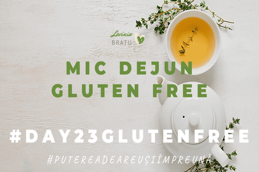 Card cu ceai și ceainic alb, textul „Mic dejun gluten free”, #day23glutenfree