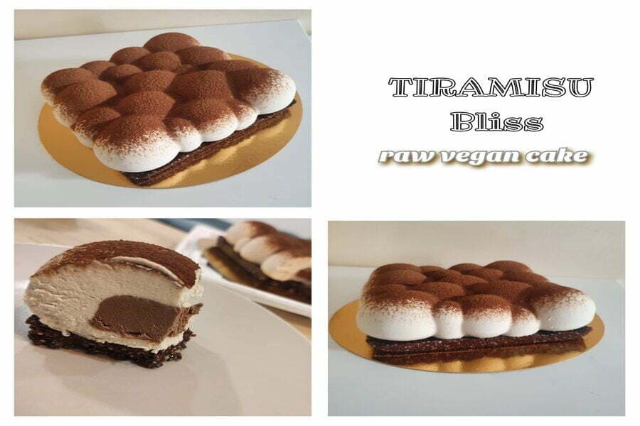 Colaj cu trei imagini ale unui tort și textul „Tiramisu Bliss raw vegan cake”