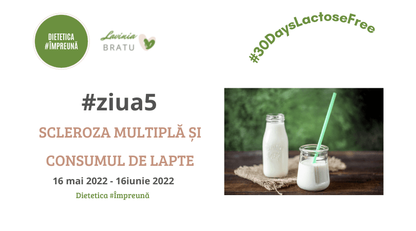 Card „#ziua5 Scleroza multiplă și consumul de lapte”, cu o sticlă de lapte