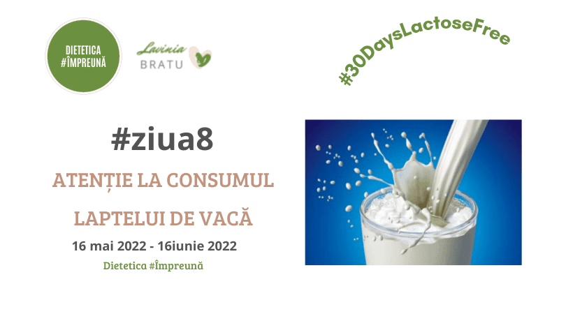 Card „#ziua8 Atenție la consumul laptelui de vacă”, cu lapte turnat în pahar