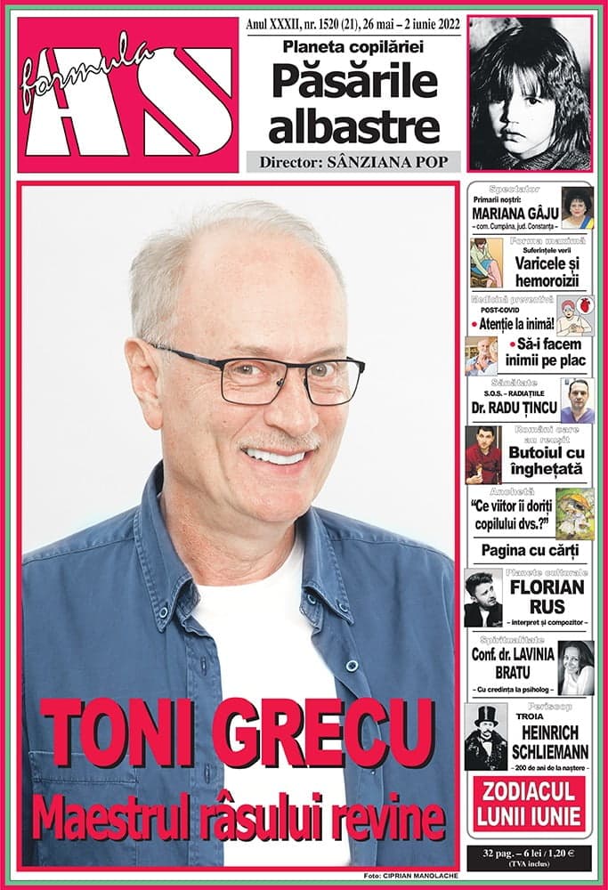 Copertă de revistă „Formula AS”, cu titlul „Toni Grecu” și „Maestrul râsului revine”