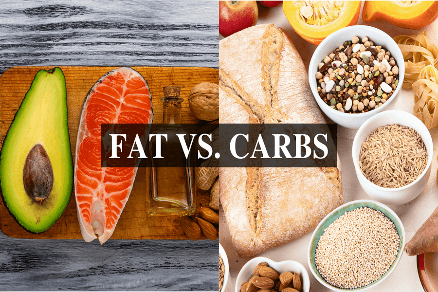 Colaj cu textul „Fat vs. carbs”: avocado și somon față de pâine și cereale