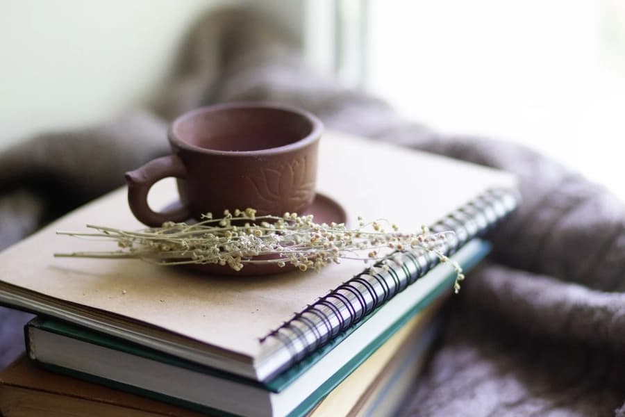 Cană de lut și flori uscate peste un teanc de caiete