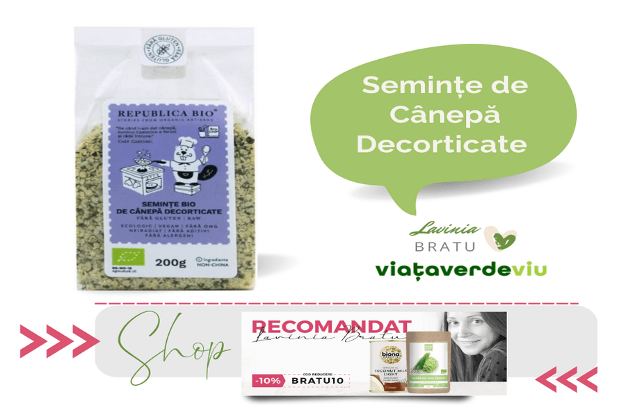 Banner cu produsul „Semințe de cânepă decorticate” și codul de reducere BRATU10