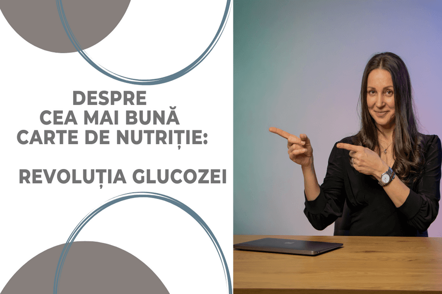 Banner cu textul „Despre cea mai bună carte de nutriție: Revoluția glucozei”
