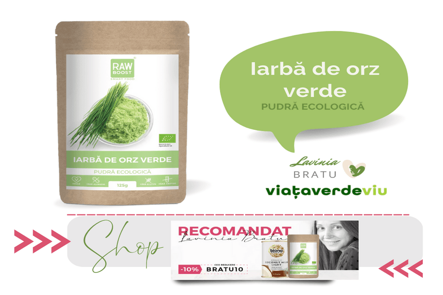 Banner cu produsul „Iarbă de orz verde, pudră ecologică” și codul BRATU10