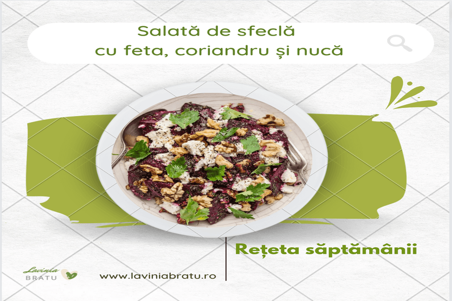 Farfurie cu salată de sfeclă și textul „Salată de sfeclă cu feta, coriandru și nucă”