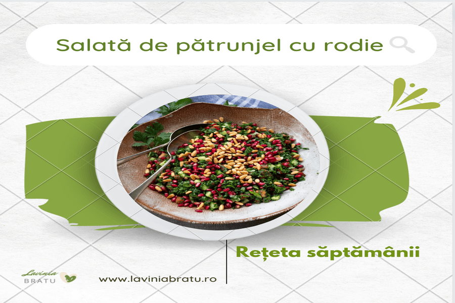 Farfurie cu salată verde și rodie, cu textul „Salată de pătrunjel cu rodie”