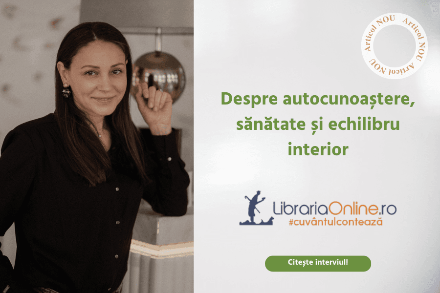 Femeie în cămașă neagră lângă textul „Despre autocunoaștere, sănătate și echilibru interior”