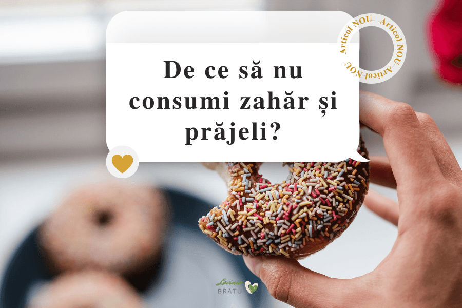Mână ținând o gogoașă mușcată, cu textul „De ce să nu consumi zahăr și prăjeli?”