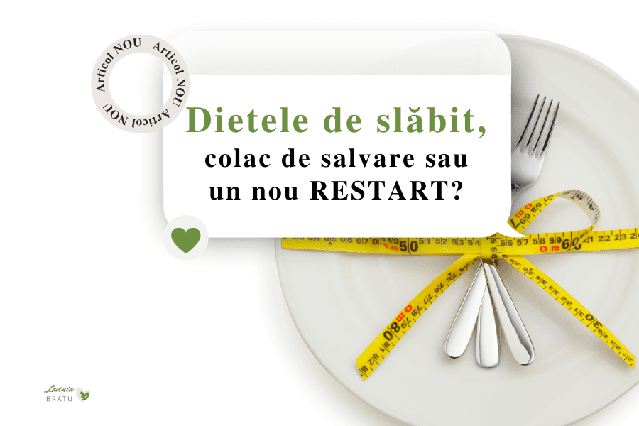 Tacâmuri legate cu un centimetru și textul „Dietele de slăbit, colac de salvare sau un nou RESTART?”