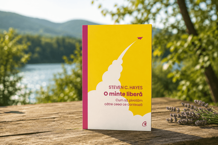 Carte pe o masă de lemn lângă lac, „O minte liberă” de Steven C. Hayes